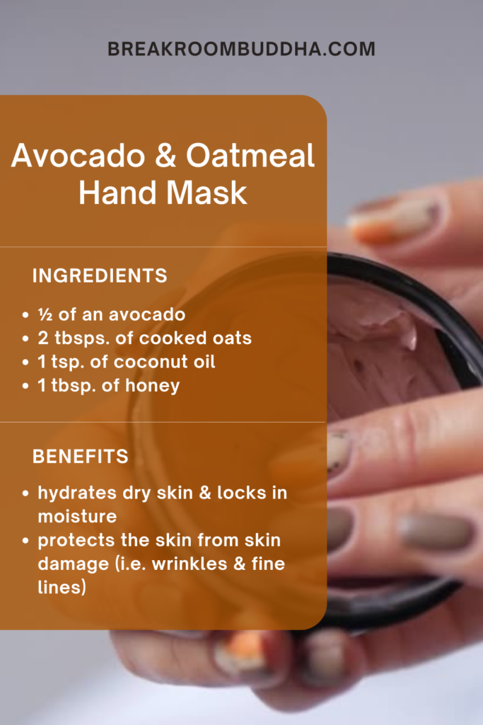Homemade Avocado and Oatmeal Hand Mask Recipe Card Breakroom Buddha